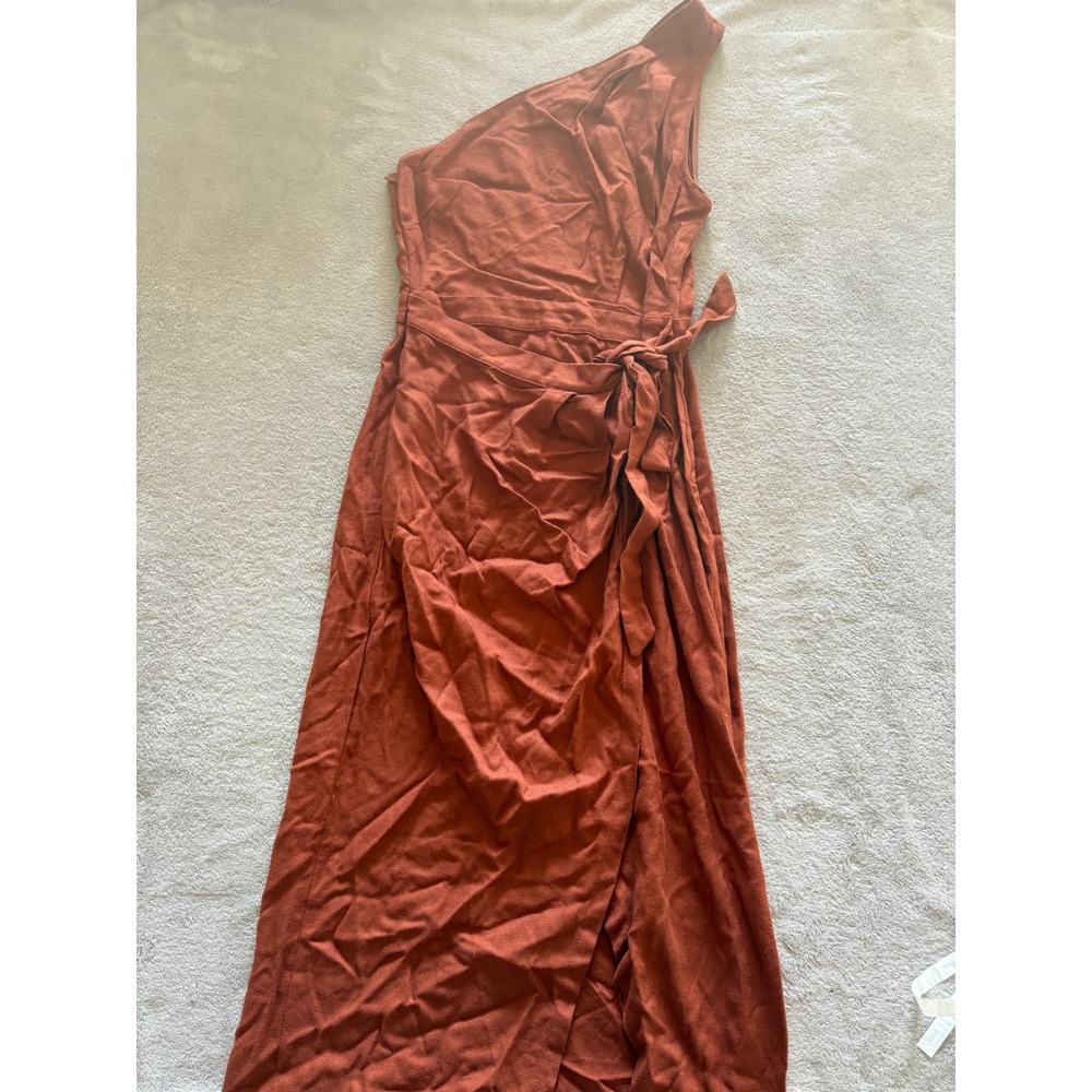 Melloday One Shoulder Wrap Maxi Dress XS Rust Tie Belt Party Cocktail‎